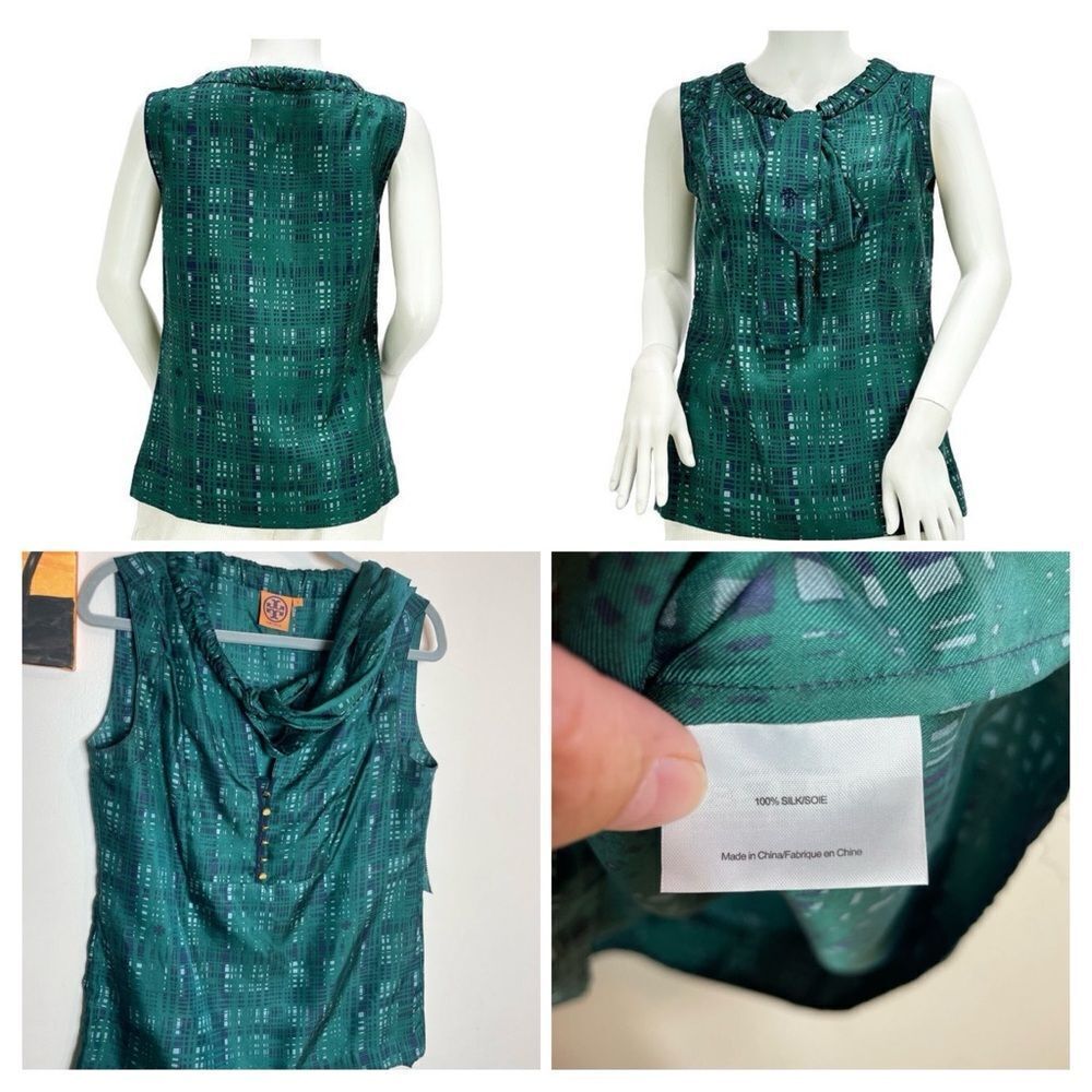 Tory Burch Green Teal Sleeveless Silk Blouse